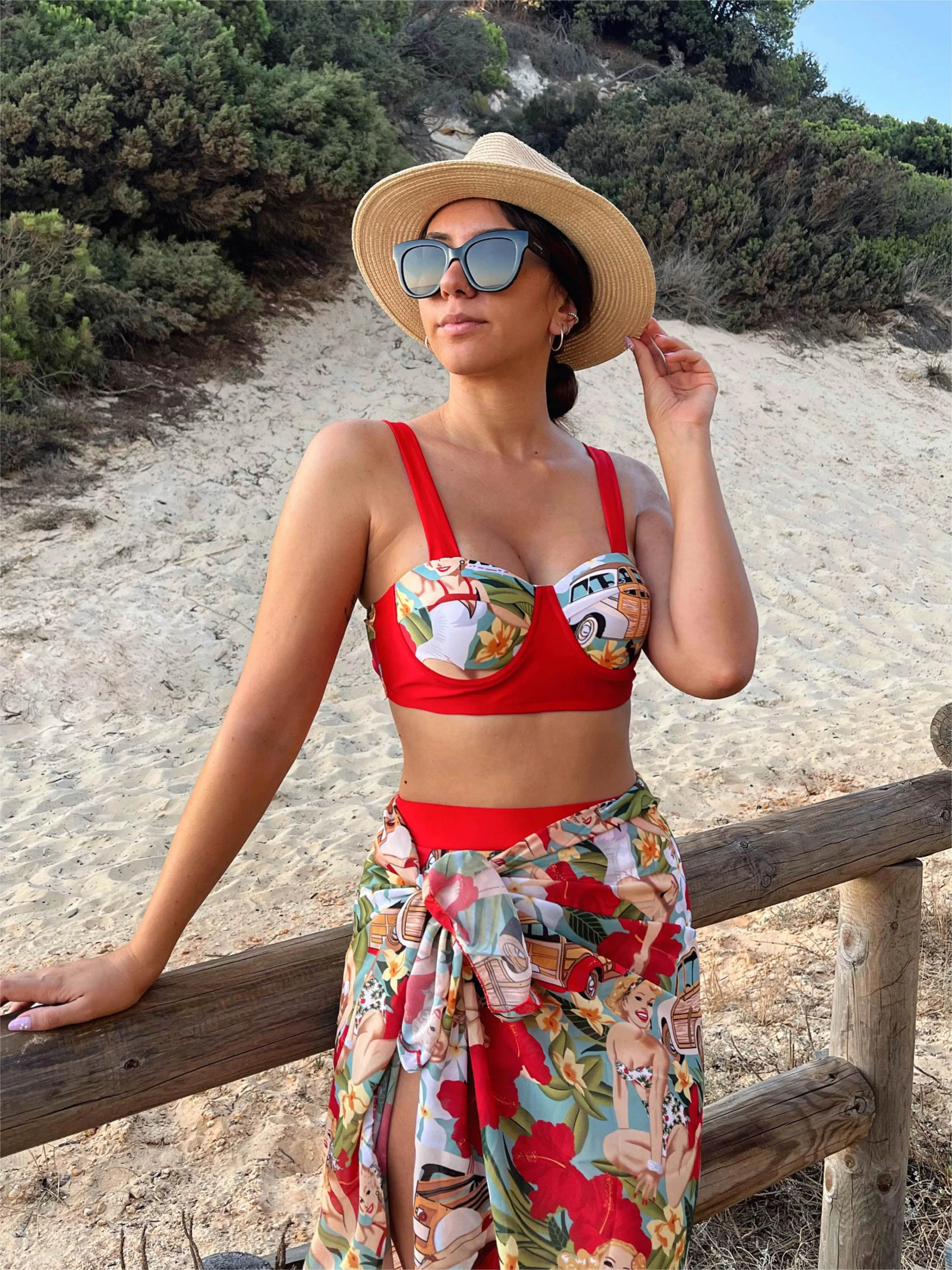 3PCS 1960s Red Retro Lady Bikini Set