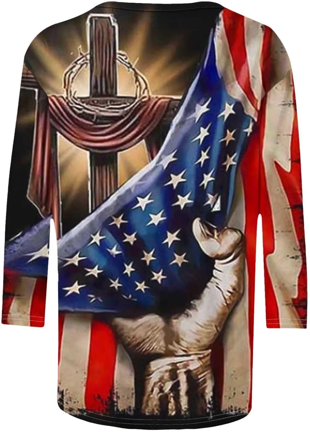 4th of July Tops for Women Stars Stripes Printed Shirts 3/4 Sleeve Crew Neck Pullover 2025 Trendy Clothes