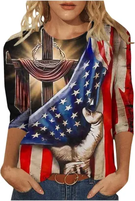 4th of July Tops for Women Stars Stripes Printed Shirts 3/4 Sleeve Crew Neck Pullover 2025 Trendy Clothes