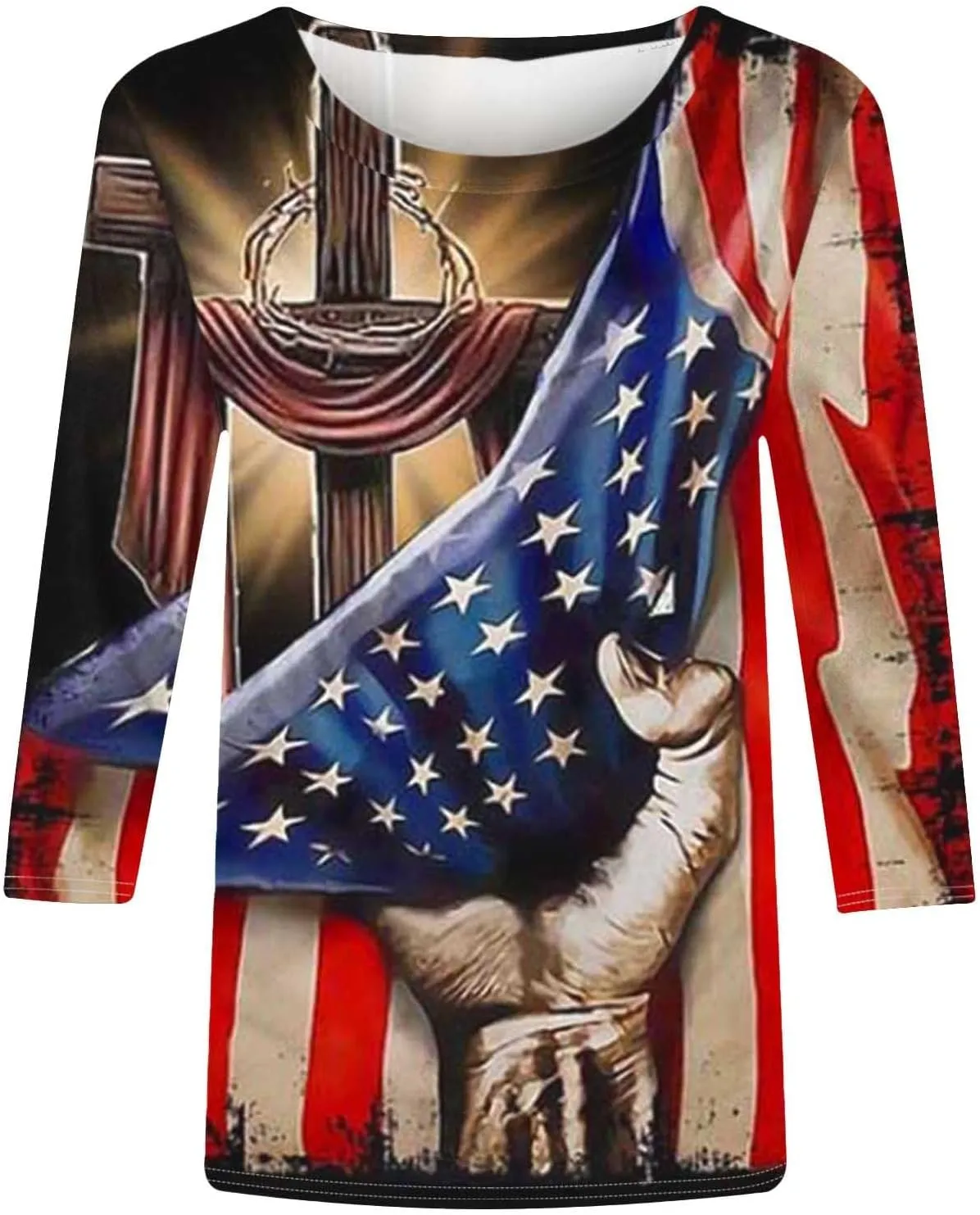 4th of July Tops for Women Stars Stripes Printed Shirts 3/4 Sleeve Crew Neck Pullover 2025 Trendy Clothes