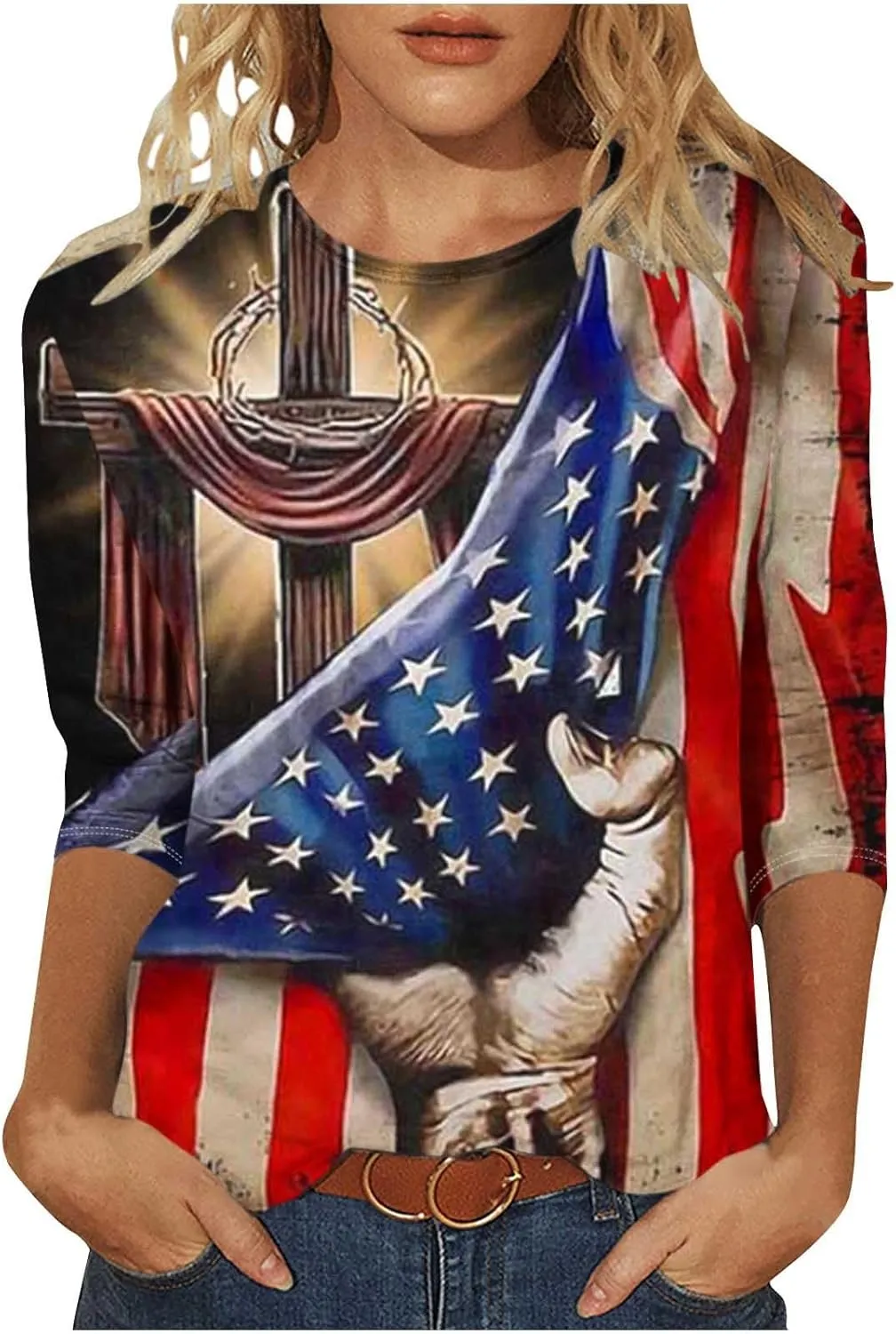 4th of July Tops for Women Stars Stripes Printed Shirts 3/4 Sleeve Crew Neck Pullover 2025 Trendy Clothes