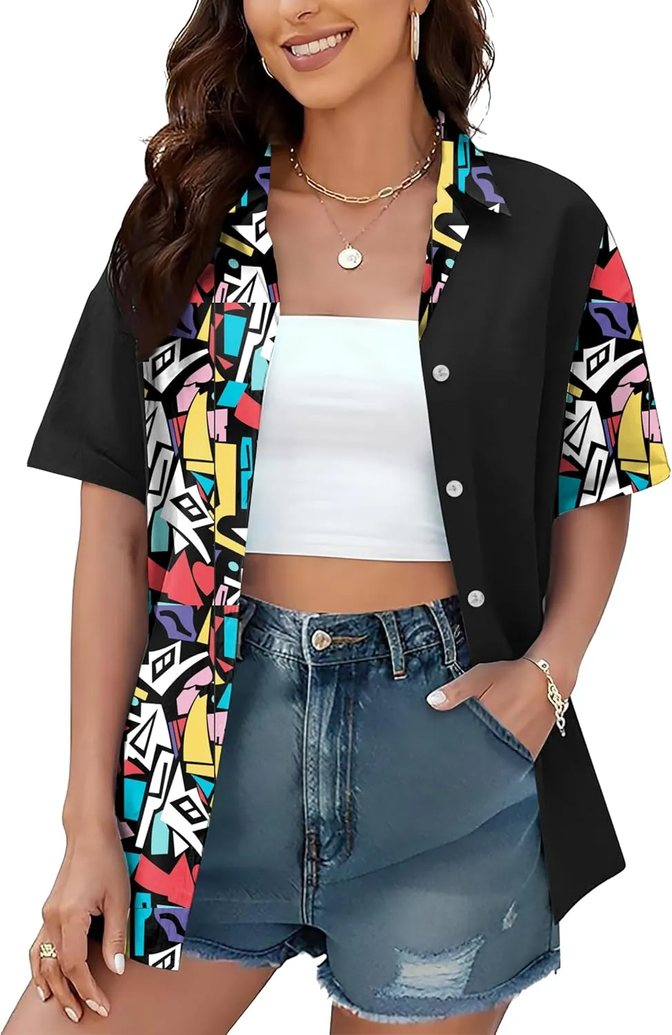 80s 90s Shirts for Women: 80's Neno Disco Party Tshirts 1980s Hawaiian Button Down Blouse Tops