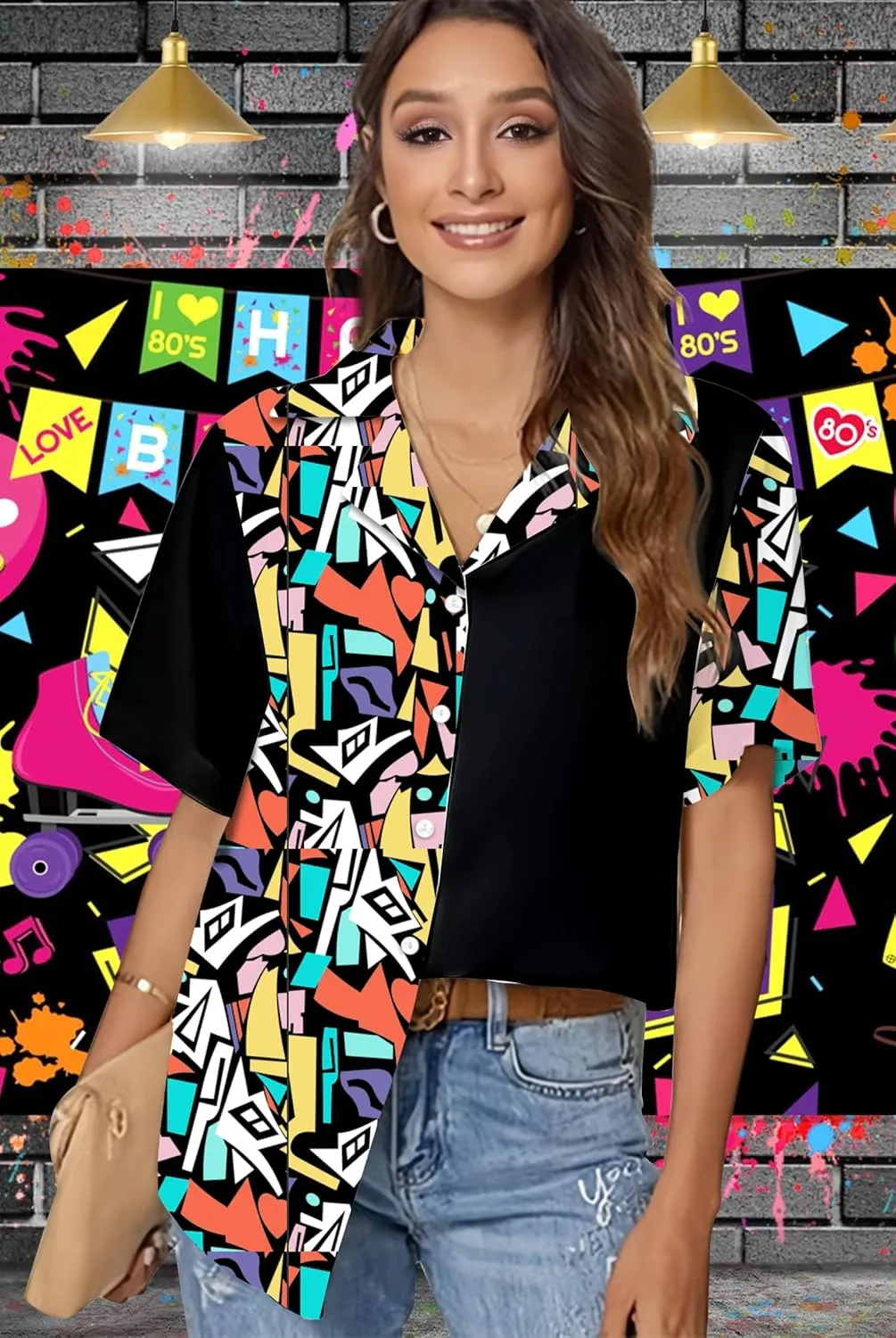 80s 90s Shirts for Women: 80's Neno Disco Party Tshirts 1980s Hawaiian Button Down Blouse Tops