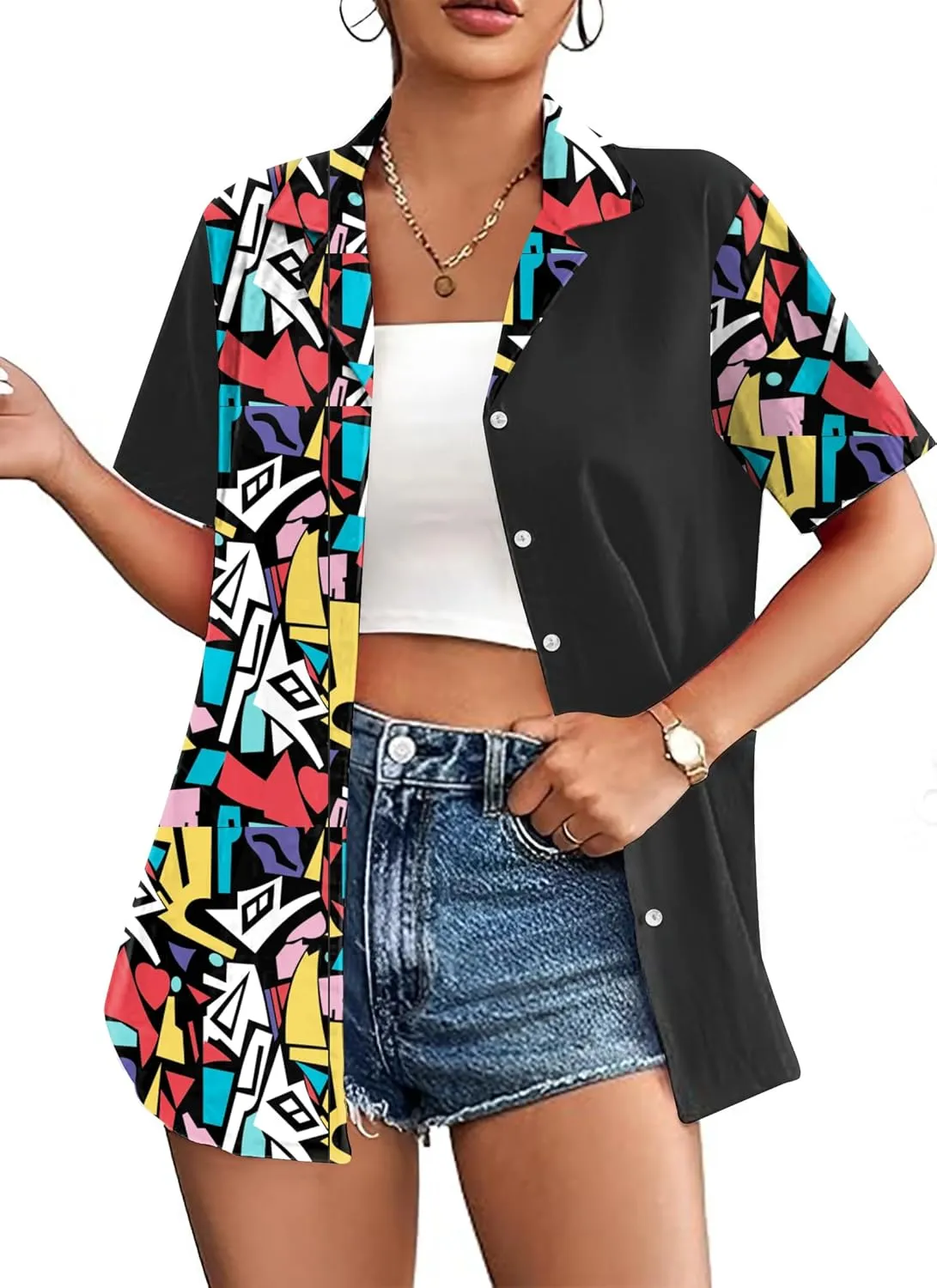 80s 90s Shirts for Women: 80's Neno Disco Party Tshirts 1980s Hawaiian Button Down Blouse Tops