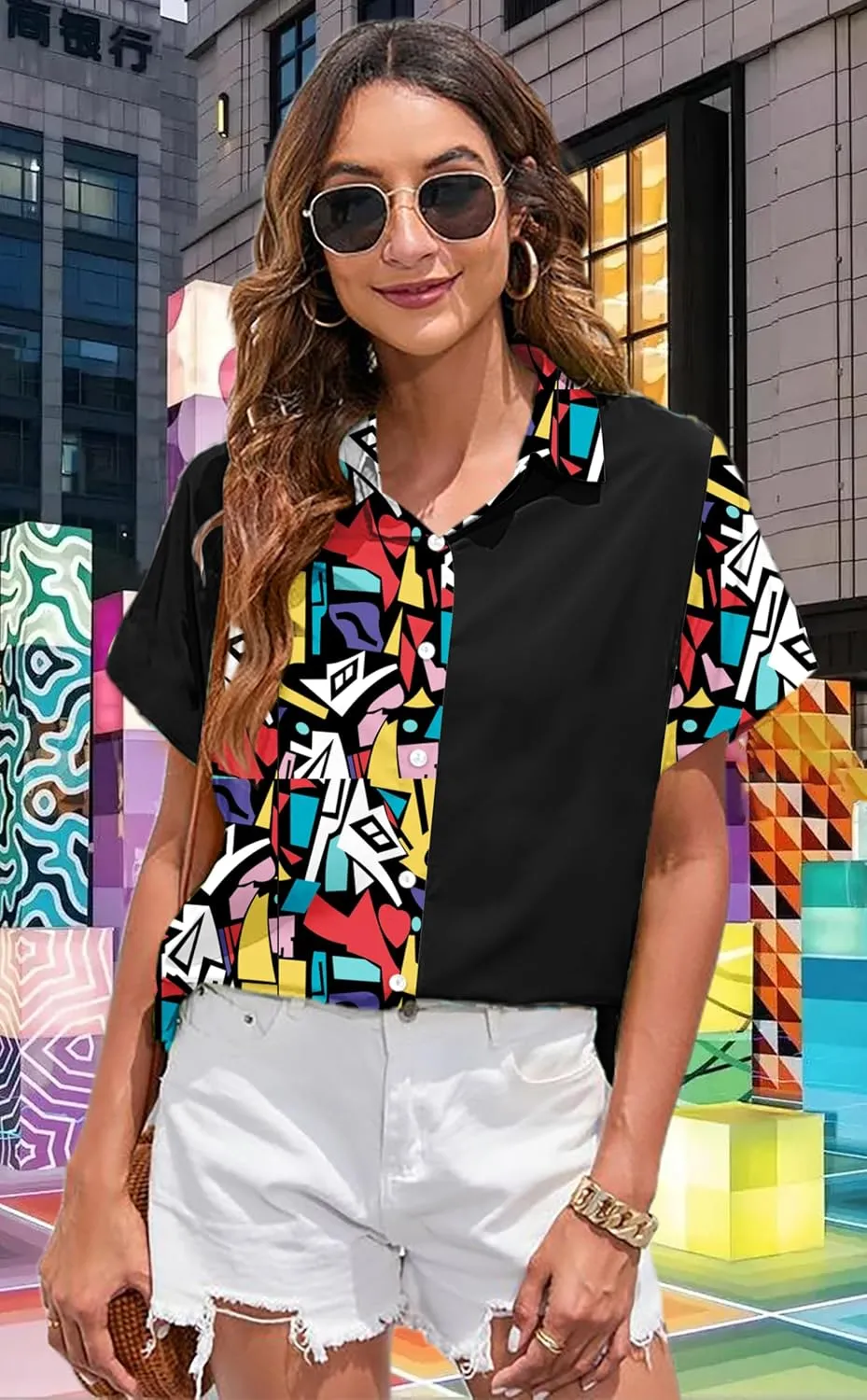 80s 90s Shirts for Women: 80's Neno Disco Party Tshirts 1980s Hawaiian Button Down Blouse Tops
