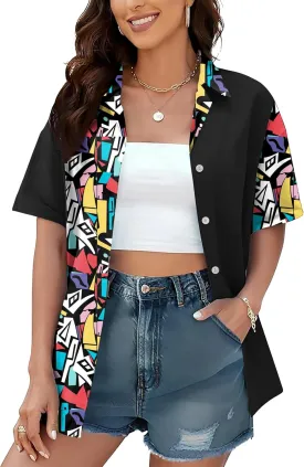 80s 90s Shirts for Women: 80's Neno Disco Party Tshirts 1980s Hawaiian Button Down Blouse Tops