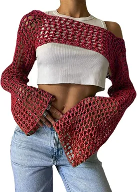 Aimiray Women's Sexy Mesh Crochet Crop Top Hollow Out Beach Cover Ups See Through Long Sleeve Y2k Knit Sweater Tees