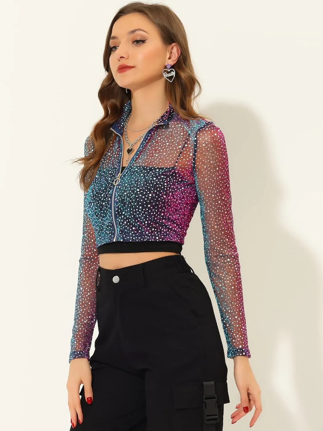 Allegra K Women's Halloween Christmas Sheer Top Glitter Stand Collar Cropped Jacket