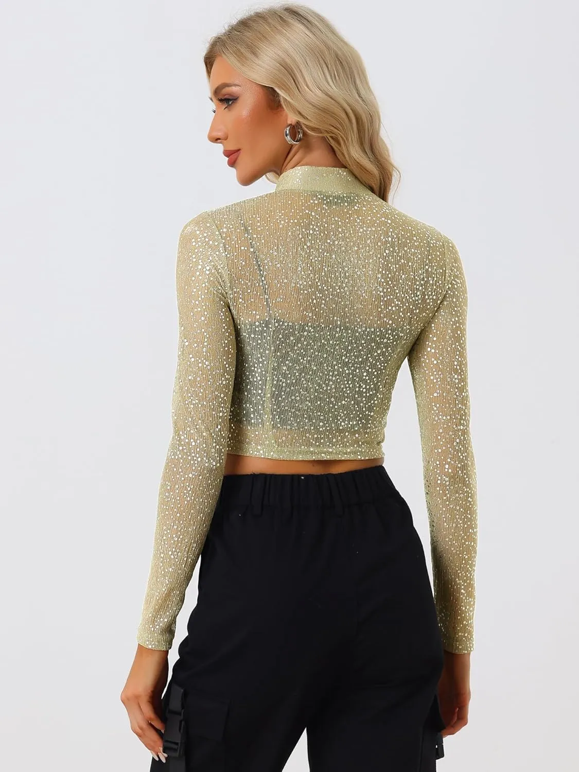 Allegra K Women's Halloween Christmas Sheer Top Glitter Stand Collar Cropped Jacket