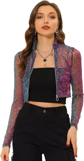 Allegra K Women's Halloween Christmas Sheer Top Glitter Stand Collar Cropped Jacket