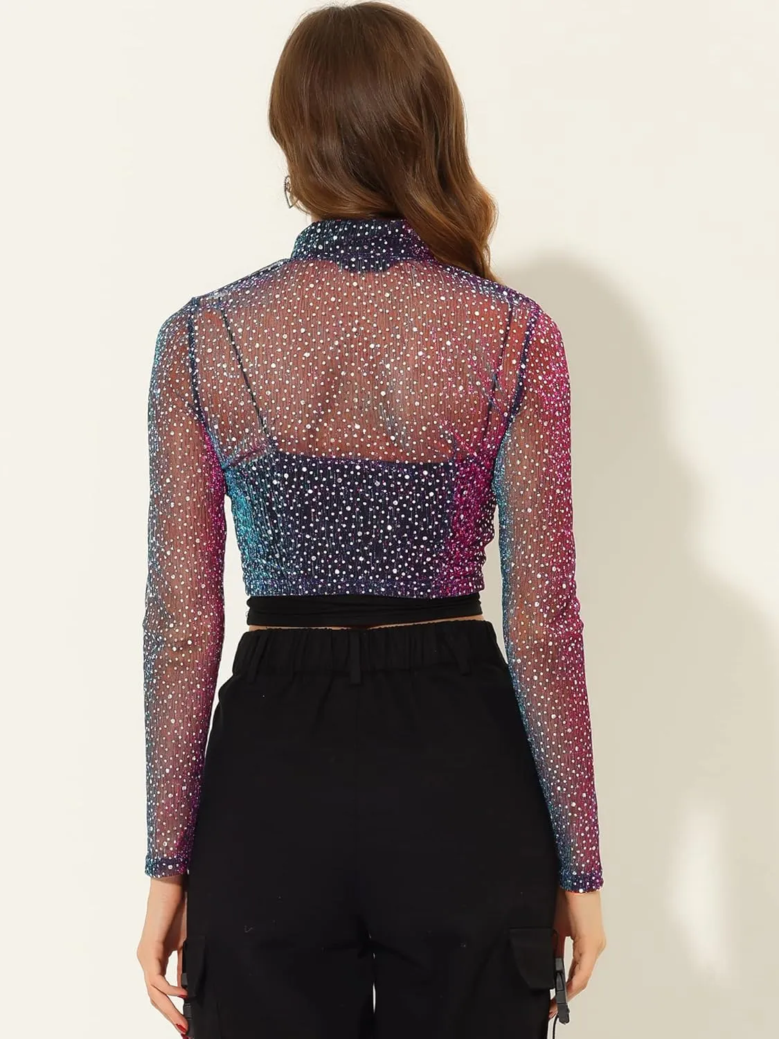 Allegra K Women's Halloween Christmas Sheer Top Glitter Stand Collar Cropped Jacket