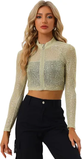 Allegra K Women's Halloween Christmas Sheer Top Glitter Stand Collar Cropped Jacket