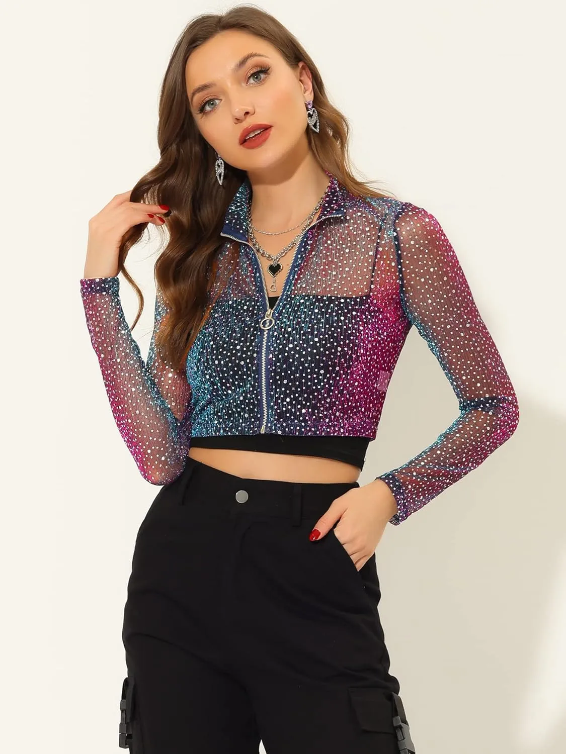 Allegra K Women's Halloween Christmas Sheer Top Glitter Stand Collar Cropped Jacket