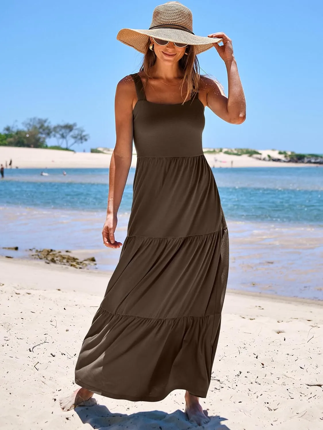 ANRABESS Women's Summer Casual Long Maxi Beach Vacation Dresses Sleeveless Square Neck Flowy Tiered Sun Dress with Pockets