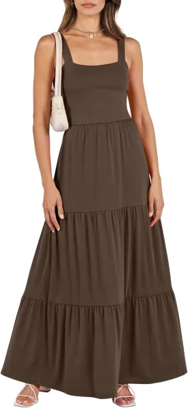ANRABESS Women's Summer Casual Long Maxi Beach Vacation Dresses Sleeveless Square Neck Flowy Tiered Sun Dress with Pockets