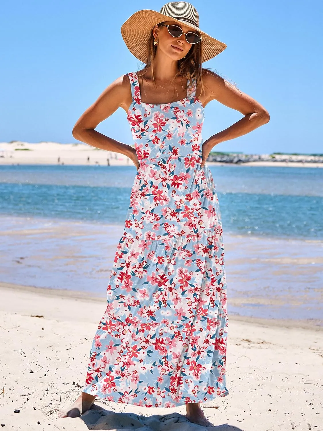 ANRABESS Women's Summer Casual Long Maxi Beach Vacation Dresses Sleeveless Square Neck Flowy Tiered Sun Dress with Pockets