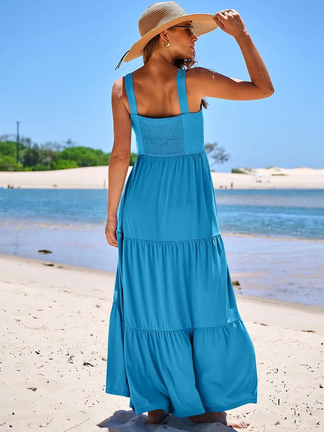 ANRABESS Women's Summer Casual Long Maxi Beach Vacation Dresses Sleeveless Square Neck Flowy Tiered Sun Dress with Pockets