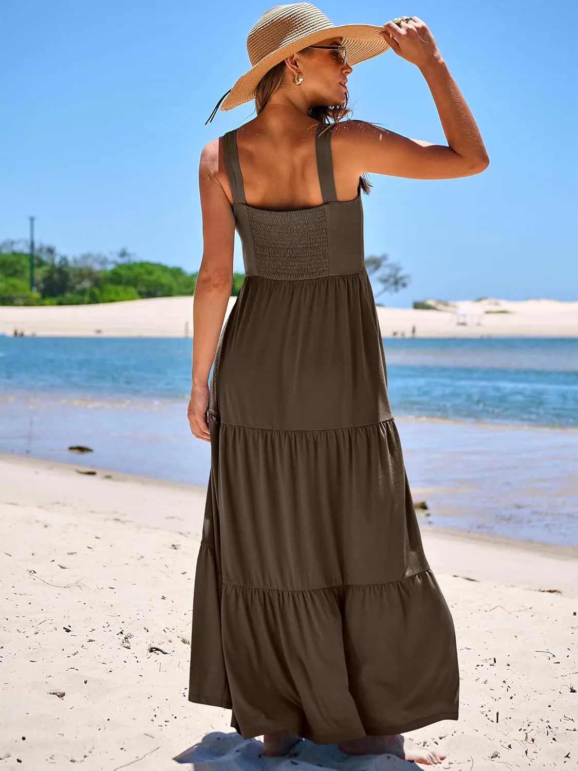 ANRABESS Women's Summer Casual Long Maxi Beach Vacation Dresses Sleeveless Square Neck Flowy Tiered Sun Dress with Pockets