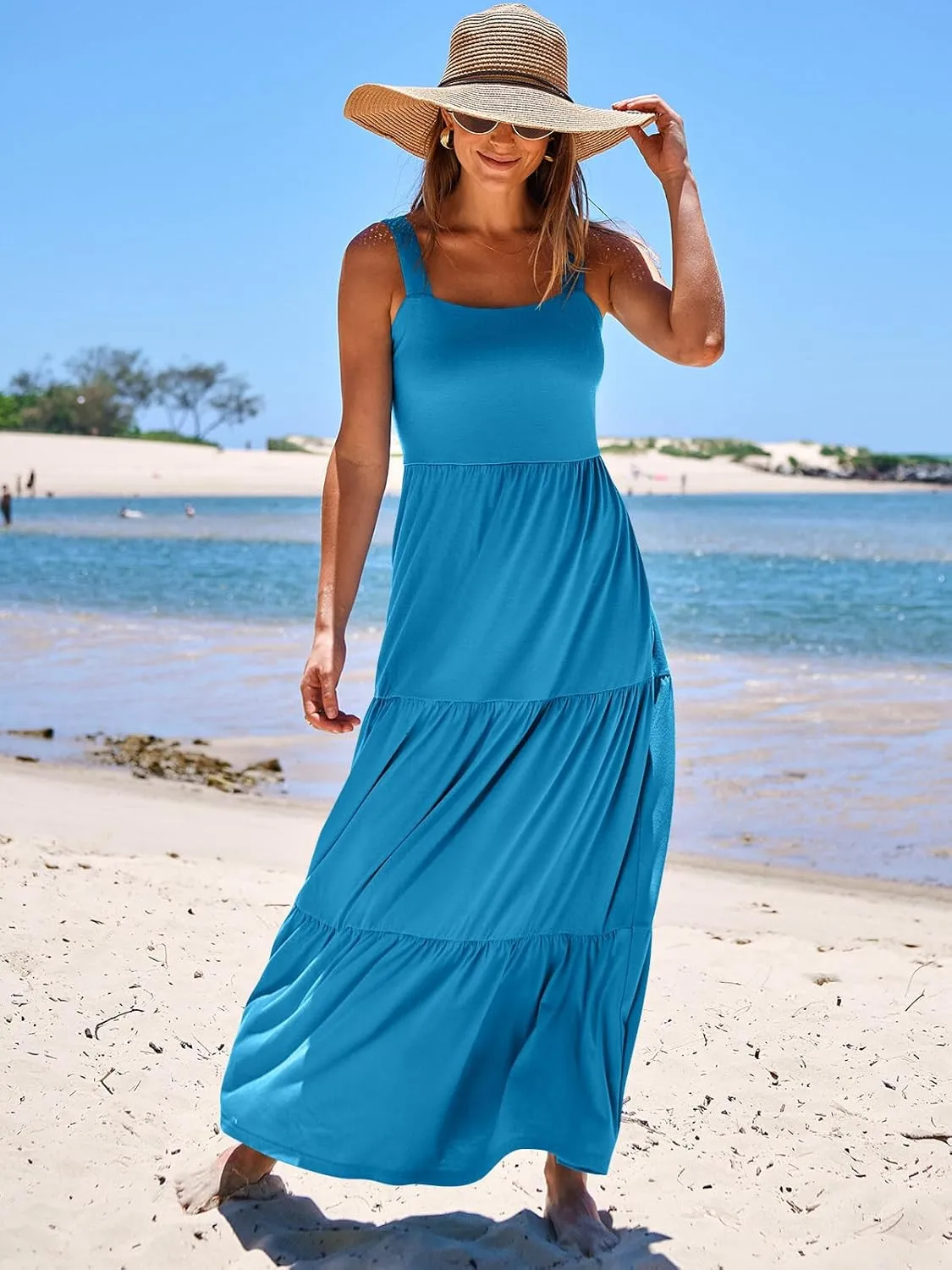 ANRABESS Women's Summer Casual Long Maxi Beach Vacation Dresses Sleeveless Square Neck Flowy Tiered Sun Dress with Pockets