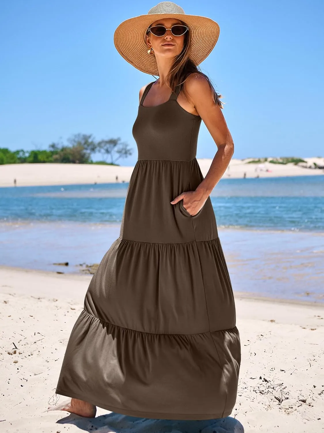 ANRABESS Women's Summer Casual Long Maxi Beach Vacation Dresses Sleeveless Square Neck Flowy Tiered Sun Dress with Pockets