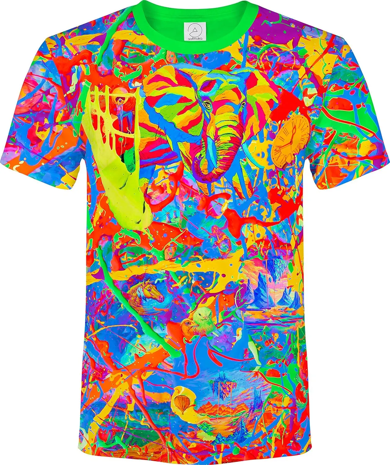 aofmoka Neon Glow Blacklight UV Reactive Party Rave Handmade Art Tee Sport Top Workout Shirt Women Unisex Men Design T-Shirt
