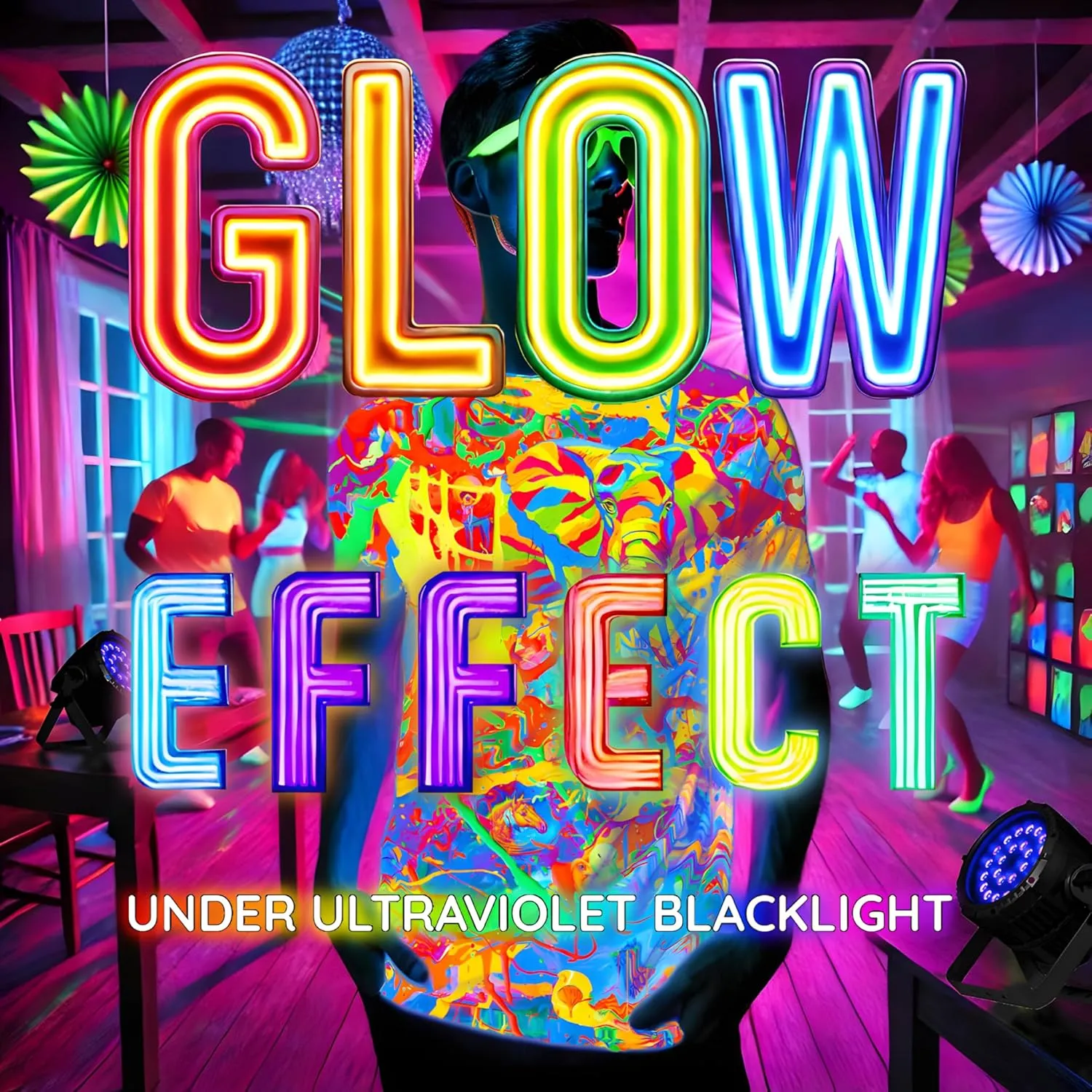 aofmoka Neon Glow Blacklight UV Reactive Party Rave Handmade Art Tee Sport Top Workout Shirt Women Unisex Men Design T-Shirt