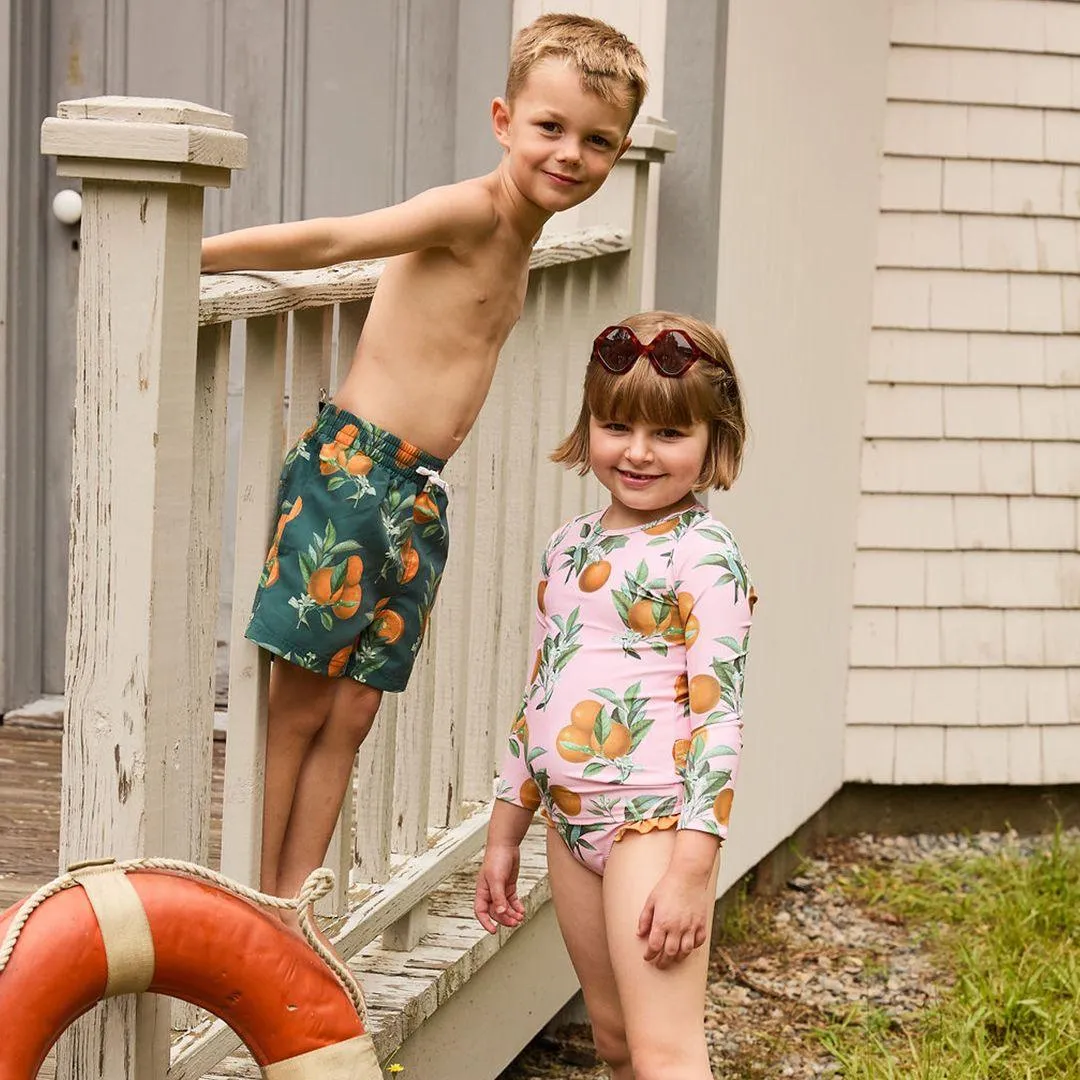 Baby Boy Swimwear | Trunks- Green Botanical Oranges | Pink Chicken