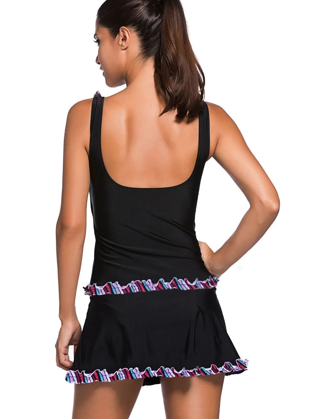 Black Ruffle Trim Tankini Set with Skort Bottom