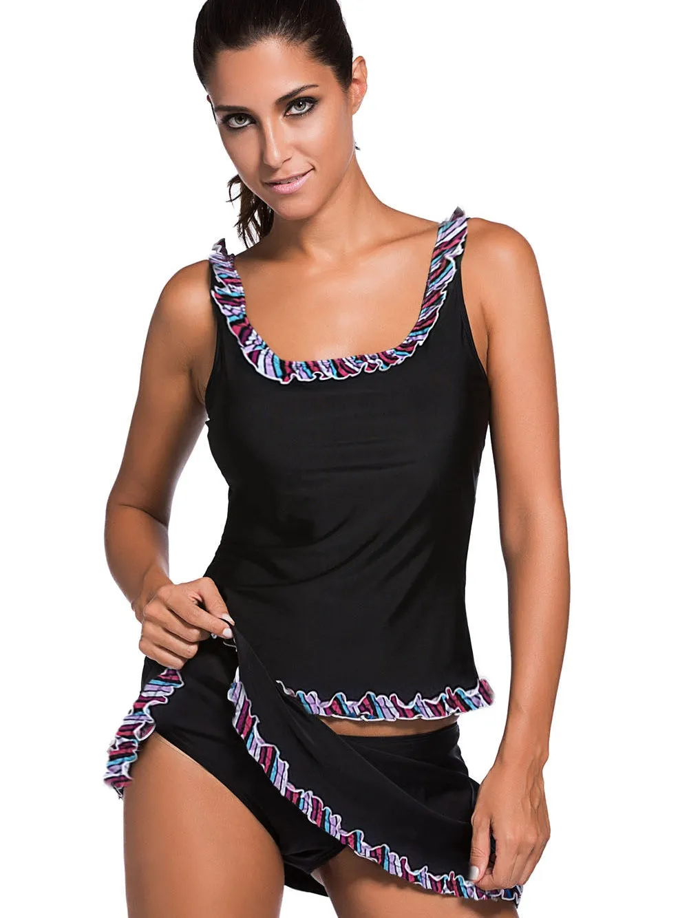 Black Ruffle Trim Tankini Set with Skort Bottom