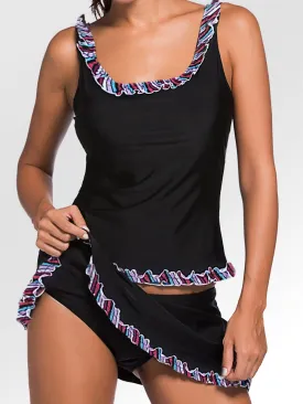 Black Ruffle Trim Tankini Set with Skort Bottom