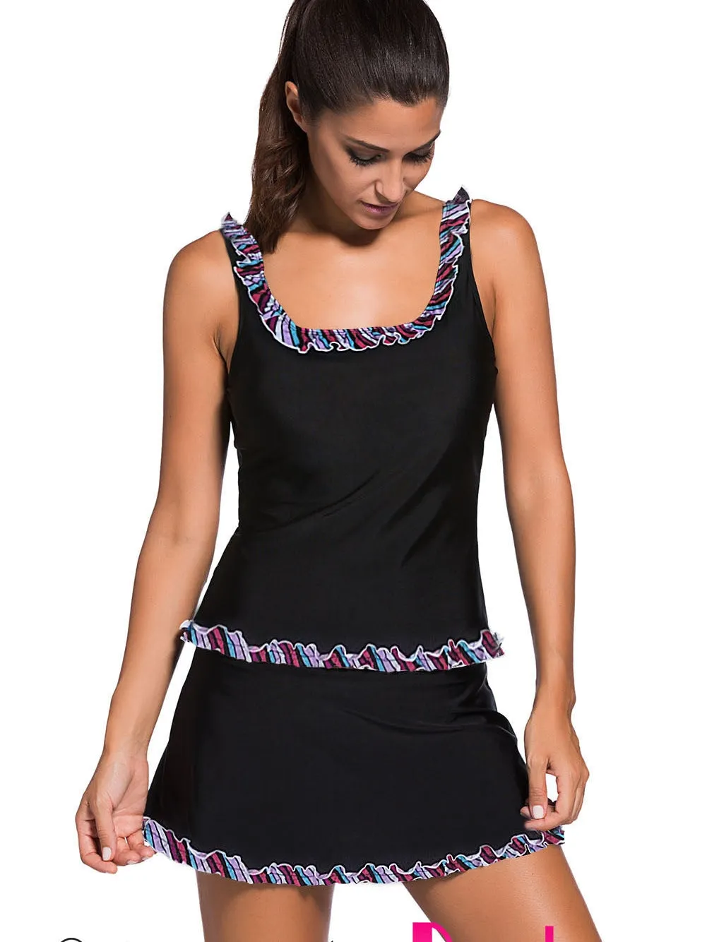 Black Ruffle Trim Tankini Set with Skort Bottom