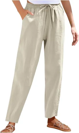 Borniu Women's Tapered Pants Cotton Linen Drawstring Back Elastic Waist Ankle Length Pant Loose Casual Straight Trousers