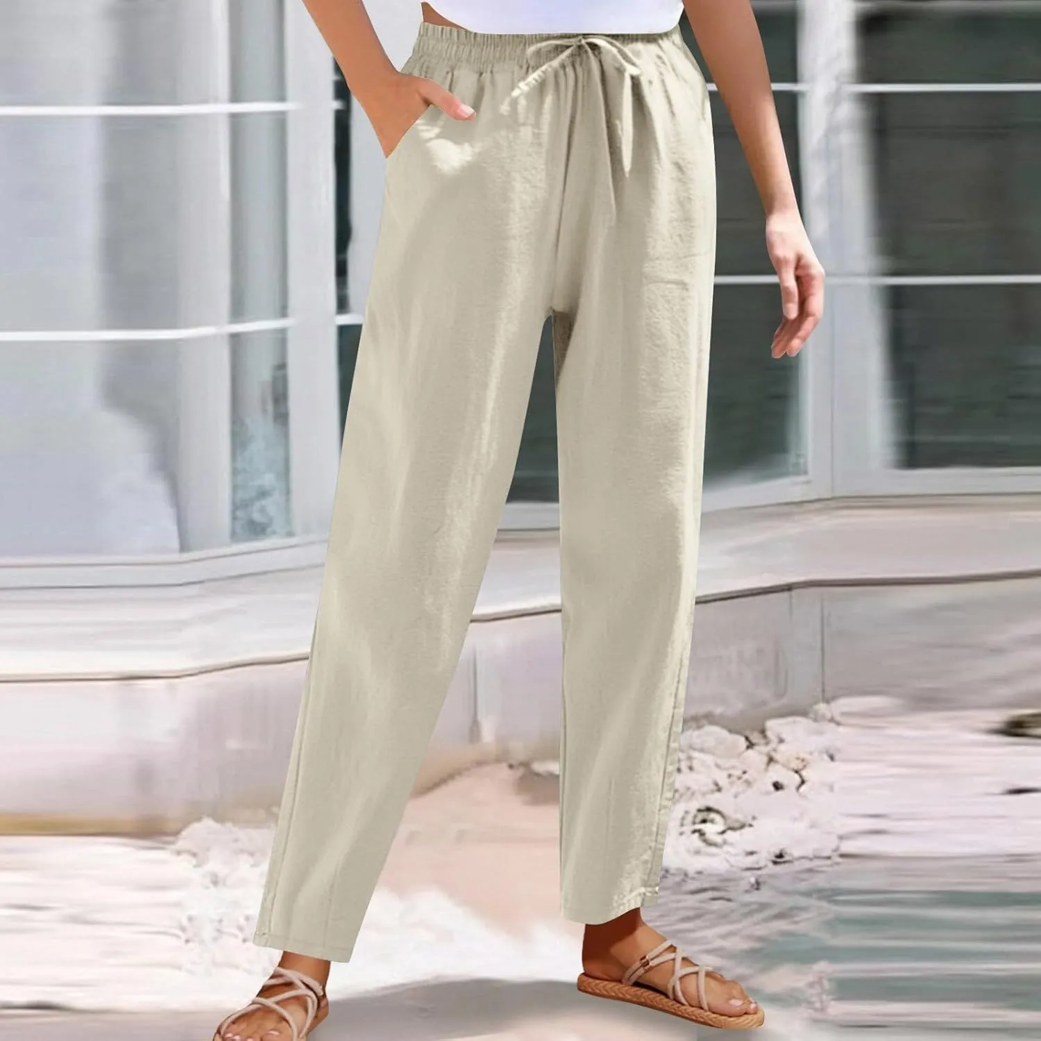 Borniu Women's Tapered Pants Cotton Linen Drawstring Back Elastic Waist Ankle Length Pant Loose Casual Straight Trousers