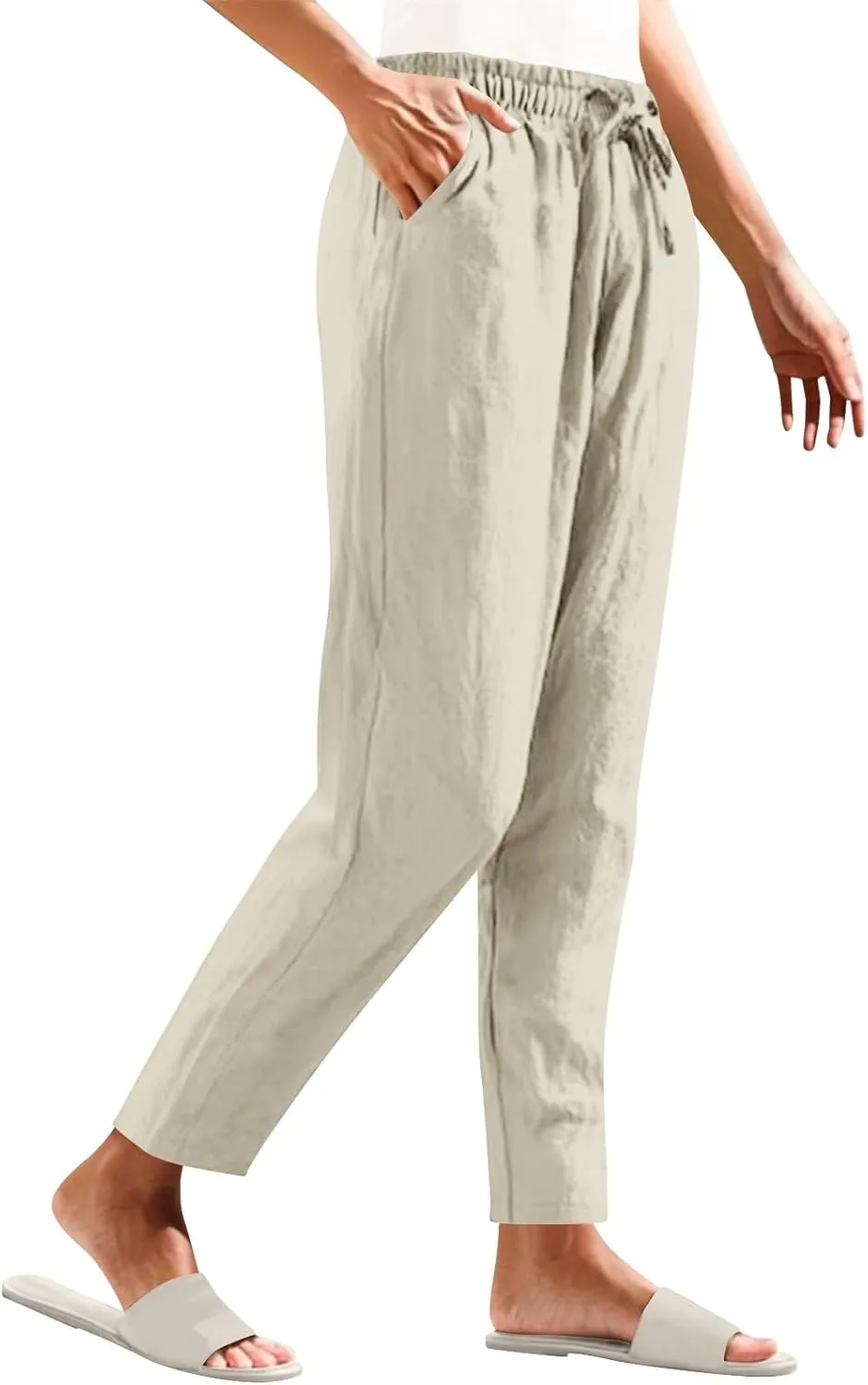 Borniu Women's Tapered Pants Cotton Linen Drawstring Back Elastic Waist Ankle Length Pant Loose Casual Straight Trousers