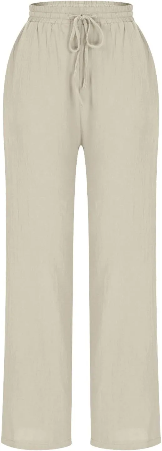 Borniu Women's Tapered Pants Cotton Linen Drawstring Back Elastic Waist Ankle Length Pant Loose Casual Straight Trousers