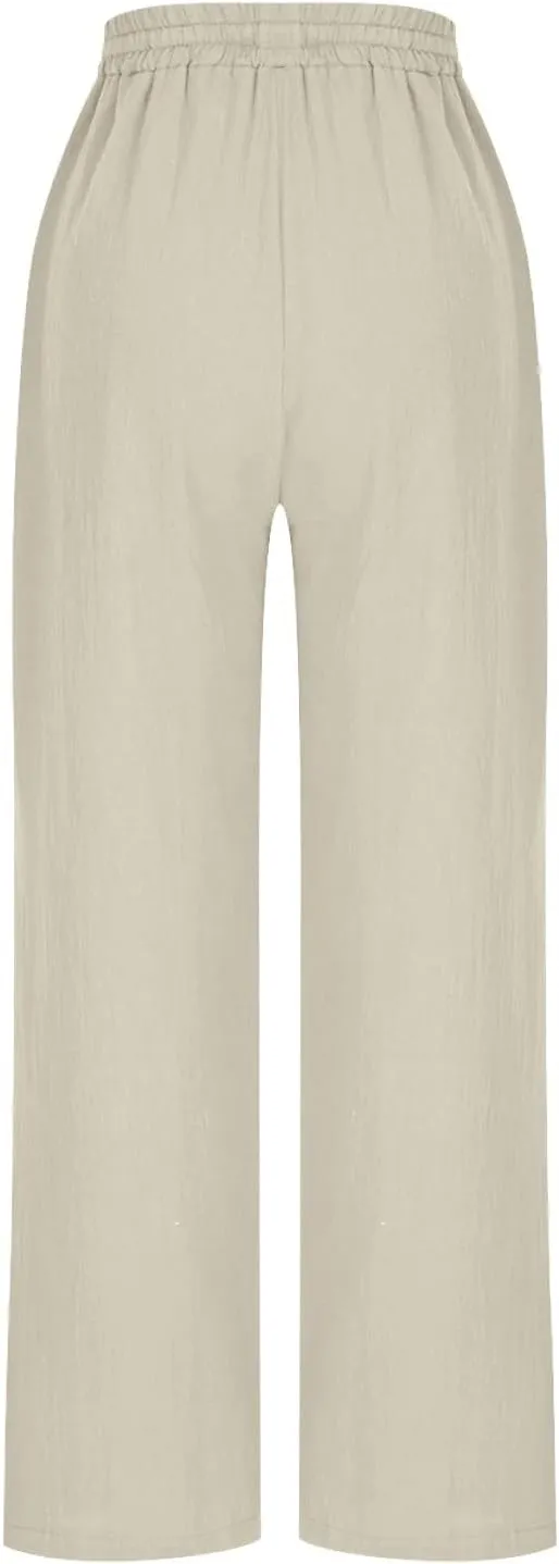 Borniu Women's Tapered Pants Cotton Linen Drawstring Back Elastic Waist Ankle Length Pant Loose Casual Straight Trousers