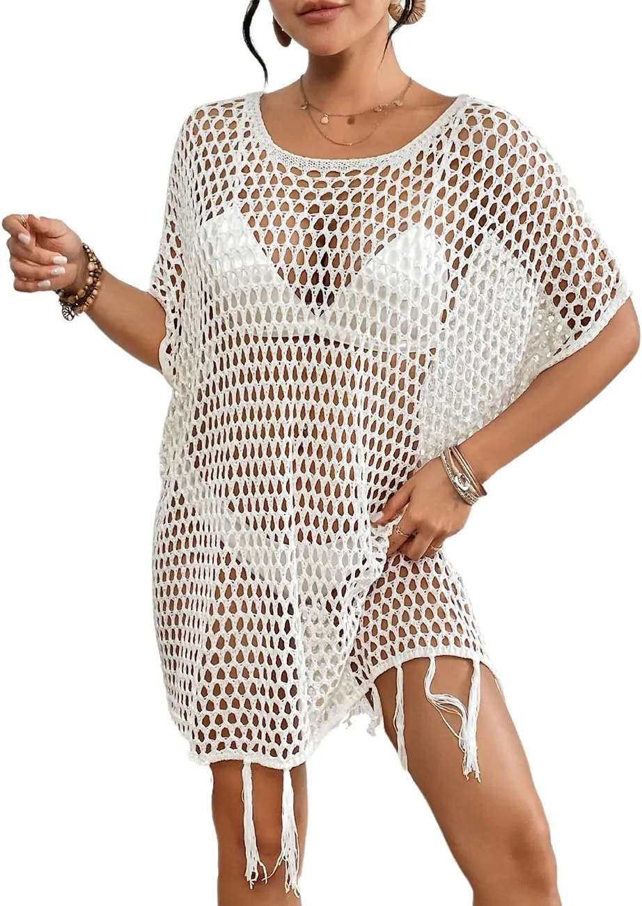 Bsubseach Crochet Beach Cover Ups for Women Sexy Batwing Sleeve Swimsuit Cover Up for Swimwear Fringed Hem Beach Dresses