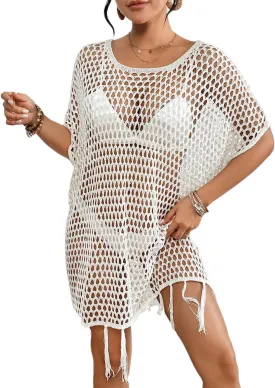 Bsubseach Crochet Beach Cover Ups for Women Sexy Batwing Sleeve Swimsuit Cover Up for Swimwear Fringed Hem Beach Dresses