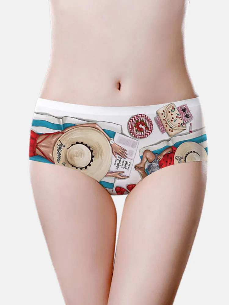 Cartoon Character Print Ice Silk Breathable Mid Waisted Panties