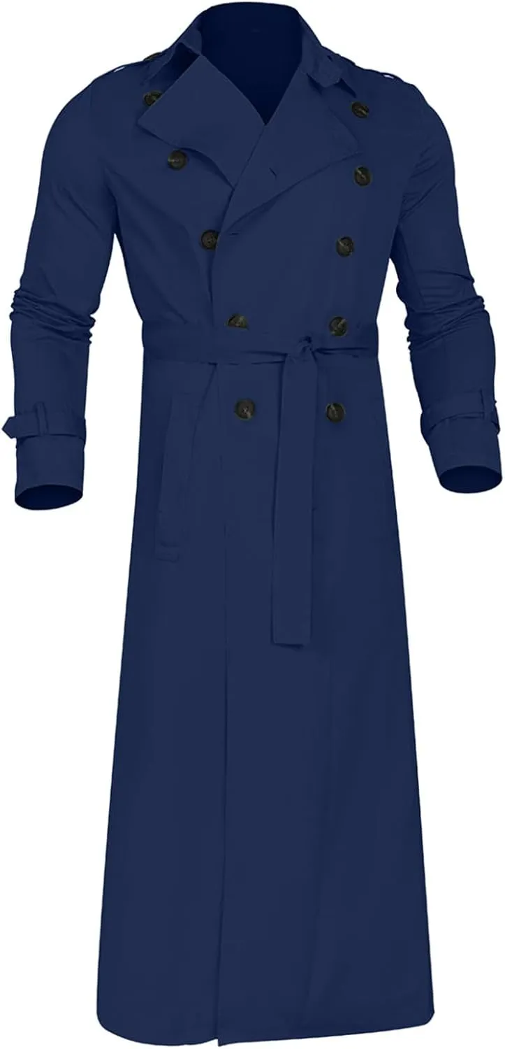 Ctreela Mens Long Trench Coat Business Casual Double Breasted Overcoat Fall Winter Solid Color Windbreaker Lapel Outwear