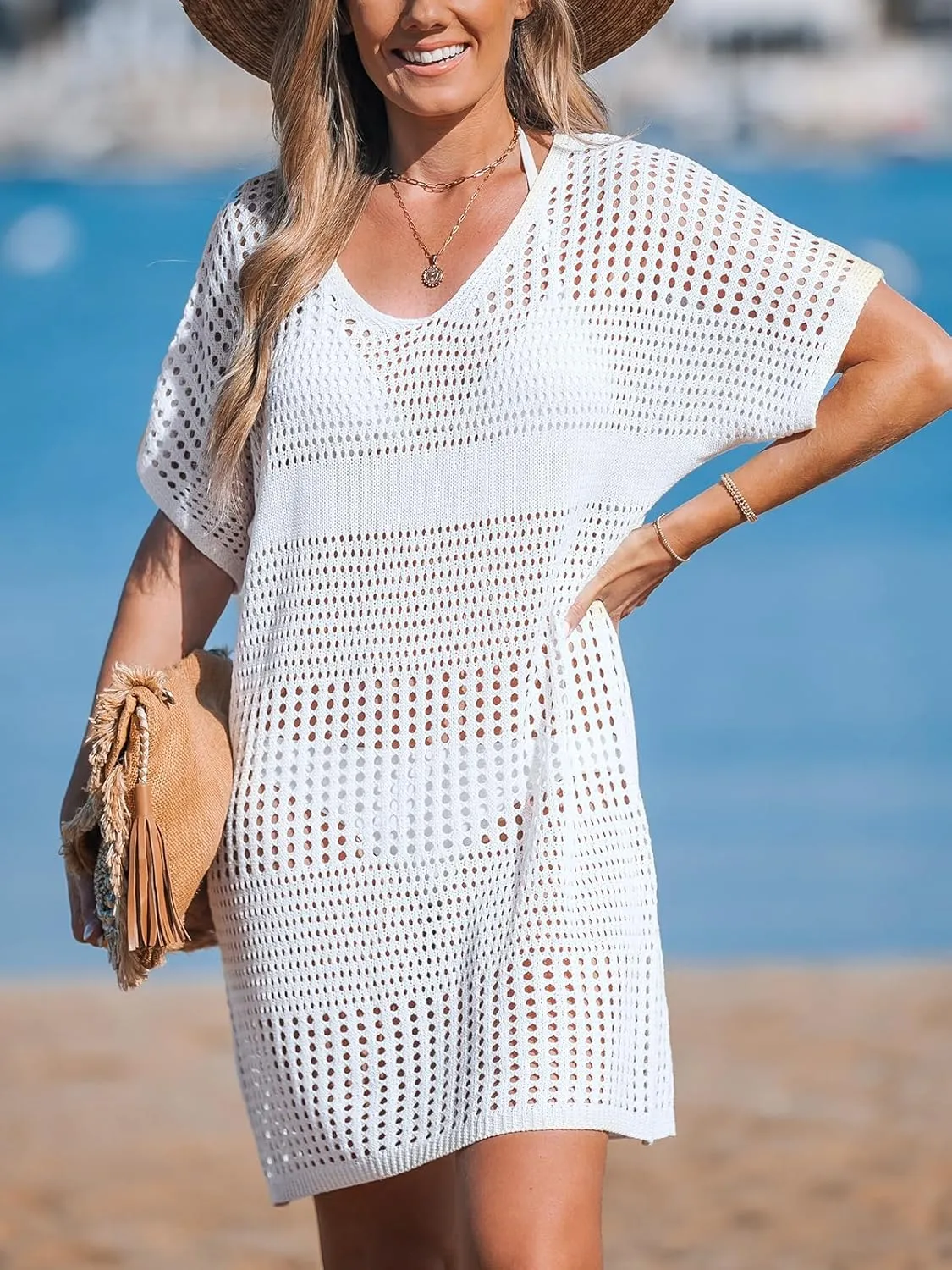 CUPSHE Women Crochet Swimsuit Cover Up Short Sleeve Beach Dress V Neck Bathing Suit Coverups for Beach Swimwear