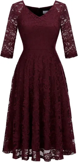 Dressystar Womens Long-Sleeve Wedding Guest Dress A-Line Lace Formal Party Cocktail Midi Dress Prom Gown