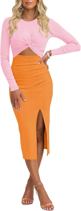 Duigluw Women Cutout Long Sleeve Crewneck Twist Front Crisscross Ruched Split Bodycon Midi Dress