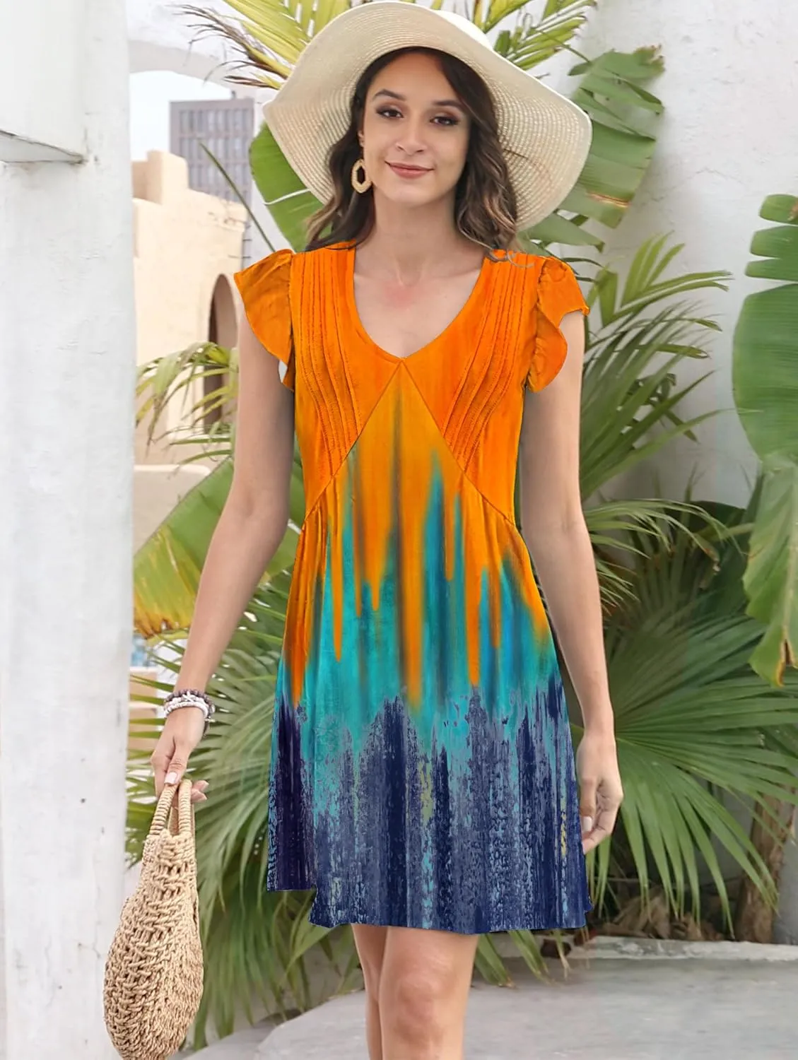 ETCYY Summer Dresses for Women 2025 Beach Casual V Neck Loose Sundress Ruffle Short Sleeve Mini Dress