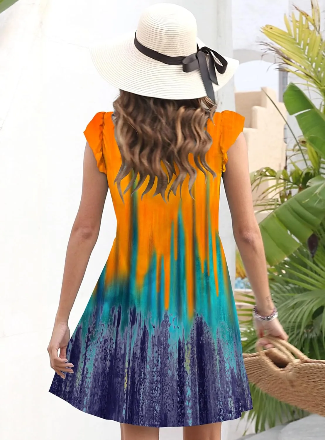 ETCYY Summer Dresses for Women 2025 Beach Casual V Neck Loose Sundress Ruffle Short Sleeve Mini Dress