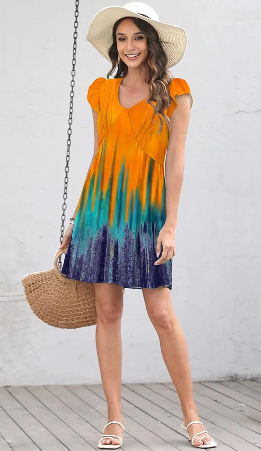 ETCYY Summer Dresses for Women 2025 Beach Casual V Neck Loose Sundress Ruffle Short Sleeve Mini Dress