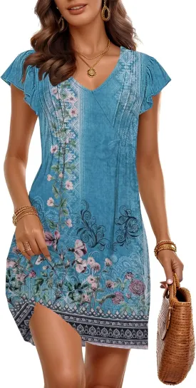 ETCYY Summer Dresses for Women 2025 Beach Casual V Neck Loose Sundress Ruffle Short Sleeve Mini Dress