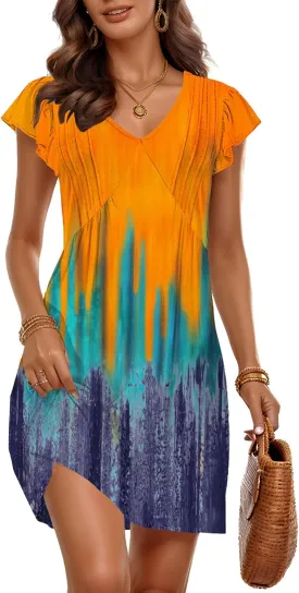ETCYY Summer Dresses for Women 2025 Beach Casual V Neck Loose Sundress Ruffle Short Sleeve Mini Dress