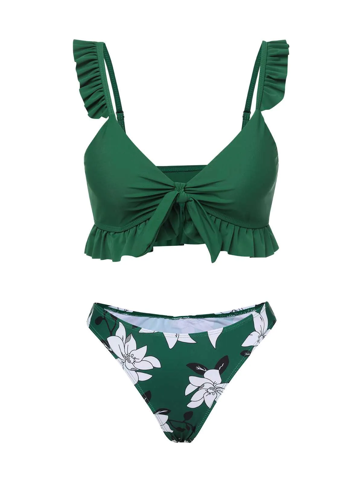 Green 1960s Strap Floral Ruffles Swimsuit