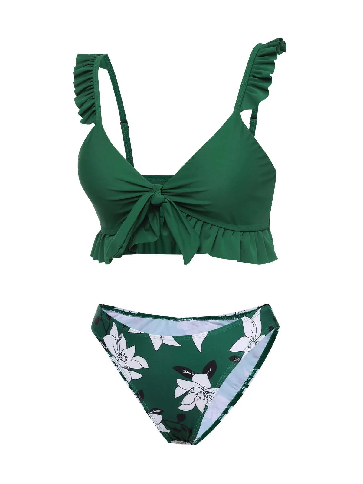 Green 1960s Strap Floral Ruffles Swimsuit